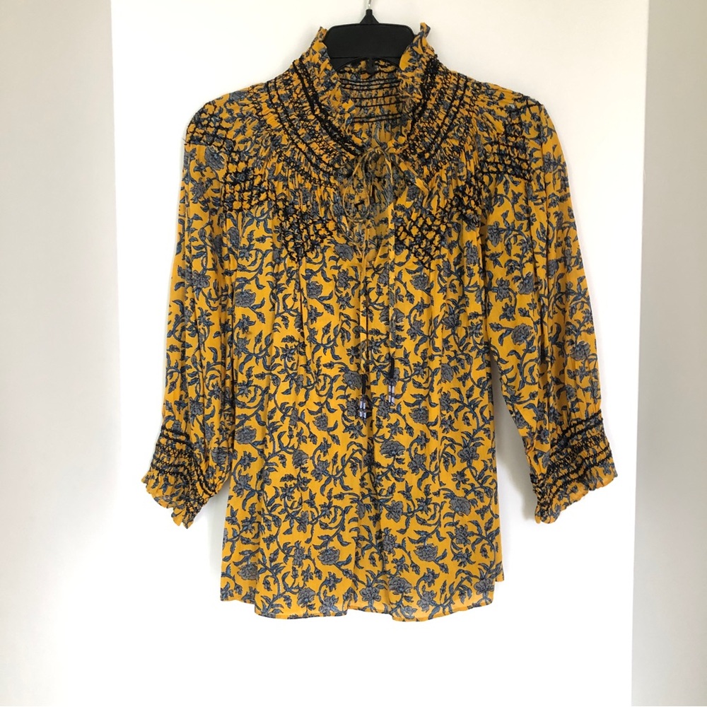 Zara 3/4 sleeve cotton blouse yellow gold blue floral Cotton Blouse size small
